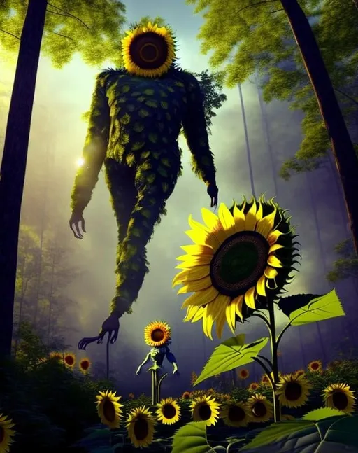 Prompt: Sunflower golem, climbing plants, yellow and green highlights, golden, magical, abandoned golem in the forest, sunflowers, Picasso style, 4K resolution, artstation, highly detailed, artgerm, by wlop, volumetric lighting, octane render, trending on artstation, masterpiece, fantastic