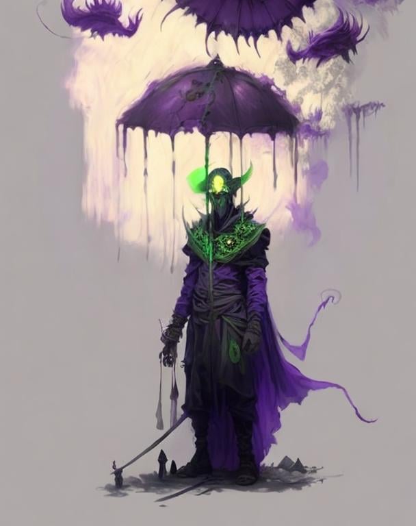Prompt: A plague sunflower doctor with a purple wizard robes as a d & d character, elegant old clothes behind the robe, magical, purple higlights, hip hop concept aesthetic, purple evil aura, concept sheet, painting by gaston bussiere, dramatic lighting, purple lighting, toxic poisonous purple parasol, toxic, poison, doctor, neon green details in the head and in the shoulders