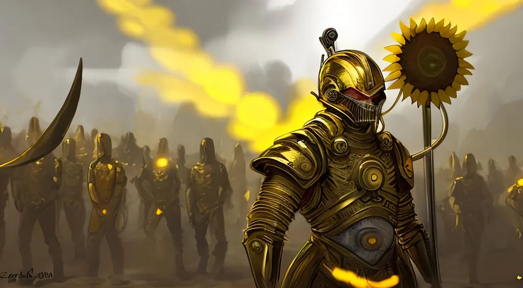 Prompt: Sunflower jailer, golden yellow clothes, yellow highlights, yellow lights, golden yellow robe, golden and silver belt, sunflowers with yellow aura, concept, silver and golden vest, detailed, yellow golden bazooka, blonde hair, machine gun, tank, crossbow, fire, war, smoke