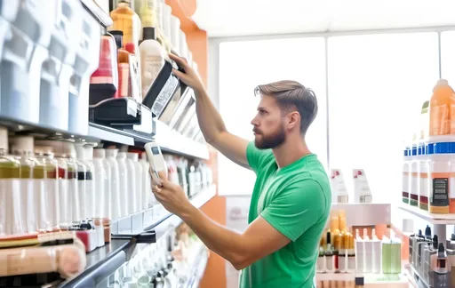 Prompt: white man in the food dispensers store. Instead of food is shampoo and beauty products