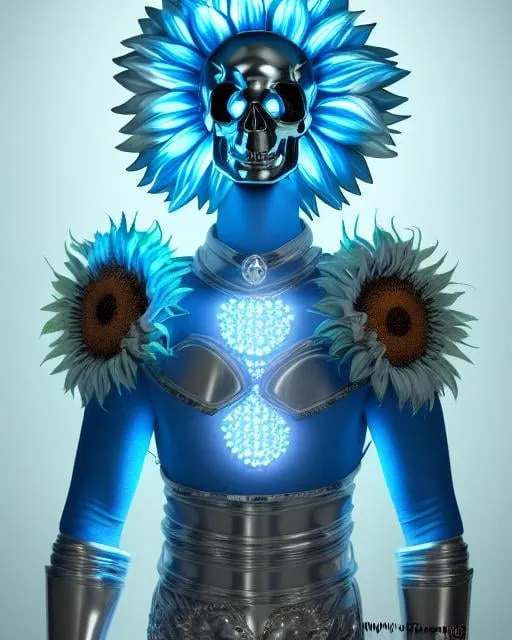 Prompt: Sunflower knight man, silver armor, blue highlights, silver lights, blue robe, light blue and silver chains, sunflowers with blue electric aura, concept, silver and blue plague mask, skull belt, detailed, blue escence sword, 4K resolution, artstation, highly detailed, artgerm, by wlop, volumetric lighting, octane render, trending on artstation, masterpiece, golden sunflower aura