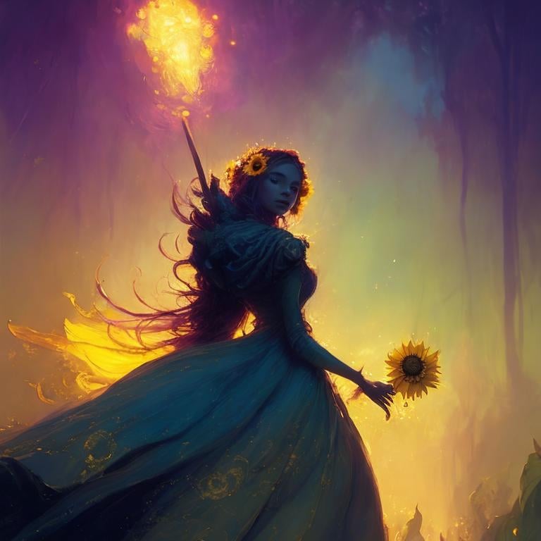 Prompt: Sunflower aristocrat lady with yellow dress as a d & d character, yellow robe, magical, pink, green dark forest higlights, magic concept aesthetic, purple and yellow mistery aura, concept sheet, painting by gaston bussiere, dramatic lighting, yellow lighting, little sunflower in her hand, interesting, yellow aura, legends, elegant, sunflower face, flamethrower in her back throwinf fire up, atmosphere like a forest fire