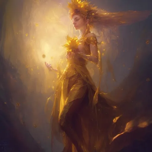 Prompt: Sunflower lady with a yellow robes as a d & d character, yellow robe, magical, golden higlights, magic concept aesthetic, golden mistery aura, concept sheet, painting by gaston bussiere, dramatic lighting, yellow lighting, little sunflowers, interesting, sunflower face, yellow aura, legends, elegant, sunflower face, arcane