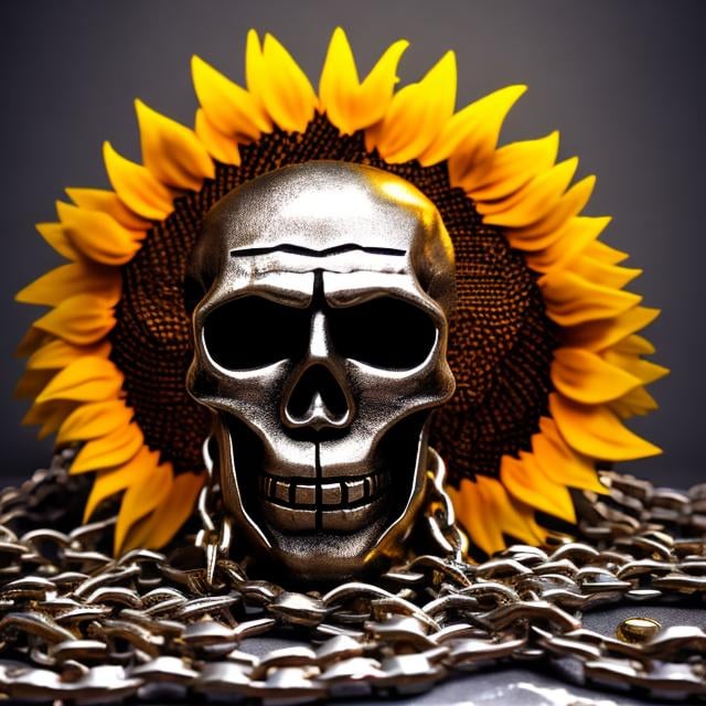 Prompt: Sunflower man jailer, small skulls with sunflowers, silver chains, golden dust, green highlights, golden light, golden clothes, evil eyes, dark aura, scary 