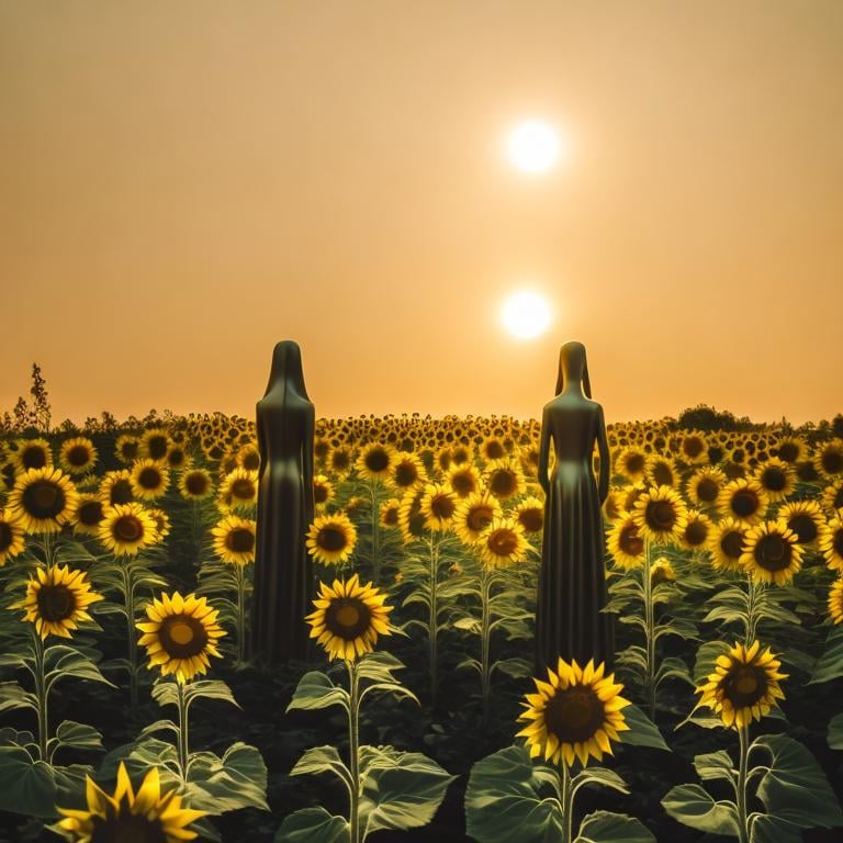 Prompt: Garden of golden statues in the middle of a sunflower field, Yellow and golden highlights, afternoon atmosphere, isolated, wildness, loneliness, mysterious, terrifying vibes