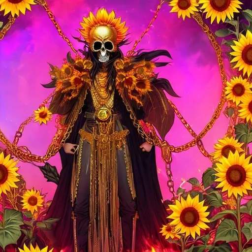 Prompt: Sunflower jailer, golden clothes, red highlights, black lights, pink robe, golden and silver chains, sunflowers with pink fire aura, concept, silver and golden details, skull belt, detailed, pink hair