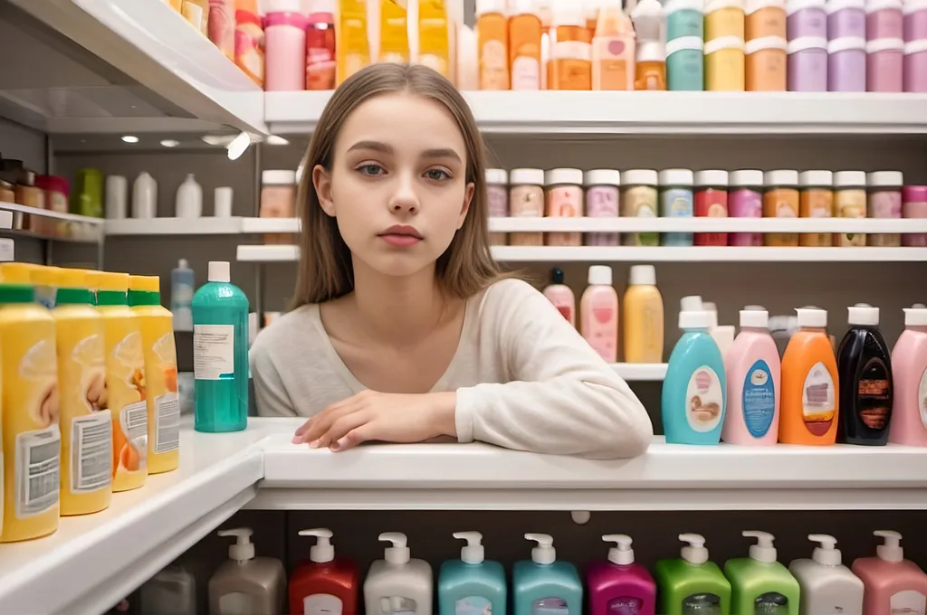 Prompt: girl in the food dispensers store. Instead of food is shampoo and beauty products