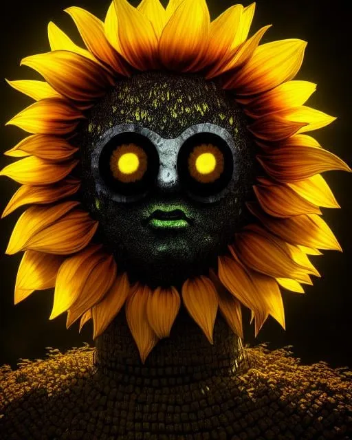 Prompt: Sunflower creepy golem, climbing dark plants, black and red highlights, golden sunflower, magical, abandoned golem in the forest, sunflowers, Picasso style, 4K resolution, artstation, highly detailed, artgerm, by wlop, volumetric lighting, octane render, trending on artstation, masterpiece, fantastic, silver chains, evil, dark vibes, fantastic, scary