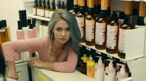 Prompt: woman in the food dispensers store. Instead of food is shampoo and beauty products