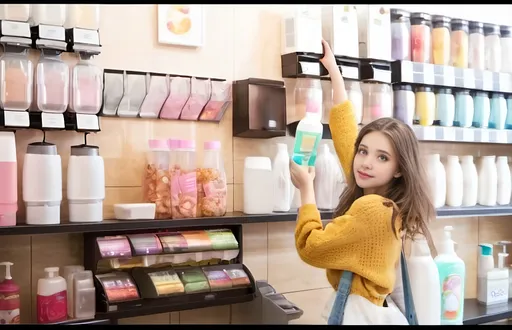 Prompt: girl in the food dispensers store. Instead of food is shampoo and beauty products