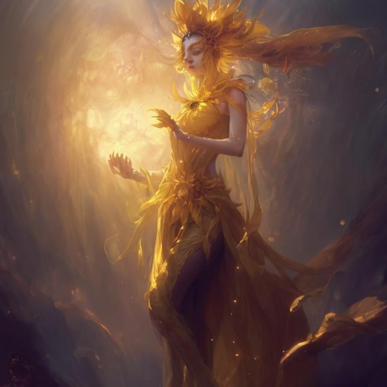 Prompt: Sunflower lady with a yellow robes as a d & d character, yellow robe, magical, golden higlights, magic concept aesthetic, golden mistery aura, concept sheet, painting by gaston bussiere, dramatic lighting, yellow lighting, little sunflowers, interesting, sunflower face, yellow aura, legends, elegant, sunflower face, arcane