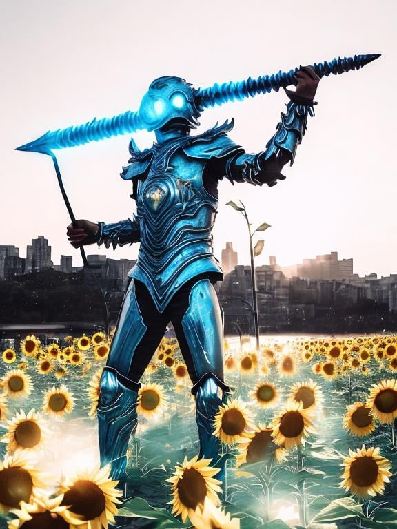 Prompt: Sunflower magic man warrior, blue highlights, electric, blue neon thunder sunflower, silver and blue light, techno, detailed, silver blue armor, magic mist, the warrior is in a silver bridge in a blue city highlights with sunflowers in the river, blue air essence, blue sunflower bazooka, war