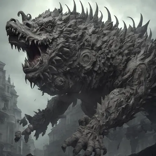 Prompt: White and gray stone beast, sunflowers, green face, fangs, open wings, 4K resolution, artstation, highly detailed, artgerm, by wlop, volumetric lighting, octane render, trending on artstation, masterpiece, fantastic, powerful, scary, intimidating, cinematic, dark fantasy, artstation, highly detailed, artgerm, by wlop, volumetric lighting, octane render, trending on artstation, masterpiece, fantastic, powerful, scary, intimidating, terrifying