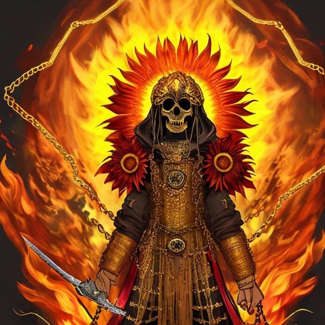 Prompt: Sunflower jailer, golden clothes, red highlights, black lights, pink robe, golden and silver chains, sunflowers with fire aura, concept, silver and golden plague mask, skull belt, detailed, red fire sword