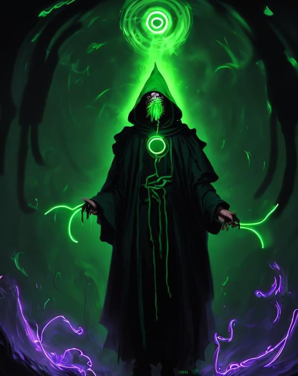 Prompt: A plague sunflower doctor with a dark green wizard robes as a d & d character, green robe, merchant, magical, green neon higlights, hip hop concept aesthetic, green evil aura, concept sheet, painting by gaston bussiere, dramatic lighting, purple lighting, long neon green whip, toxic, poison, doctor, neon dark green atmosphere