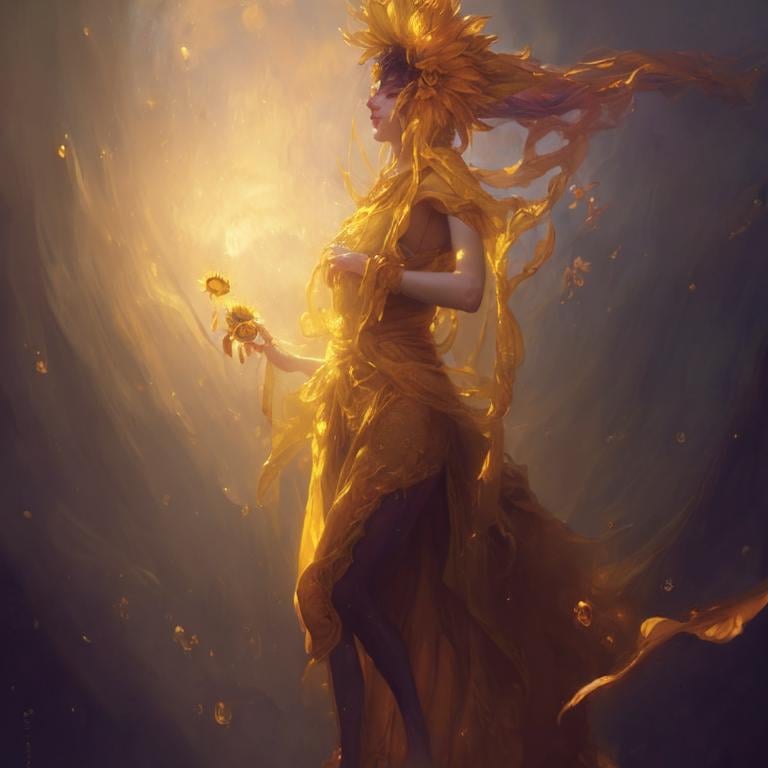 Prompt: Sunflower lady with a yellow robes as a d & d character, yellow robe, magical, golden higlights, magic concept aesthetic, golden mistery aura, concept sheet, painting by gaston bussiere, dramatic lighting, yellow lighting, little sunflowers, interesting, sunflower face, yellow aura, legends, elegant, sunflower face, arcane