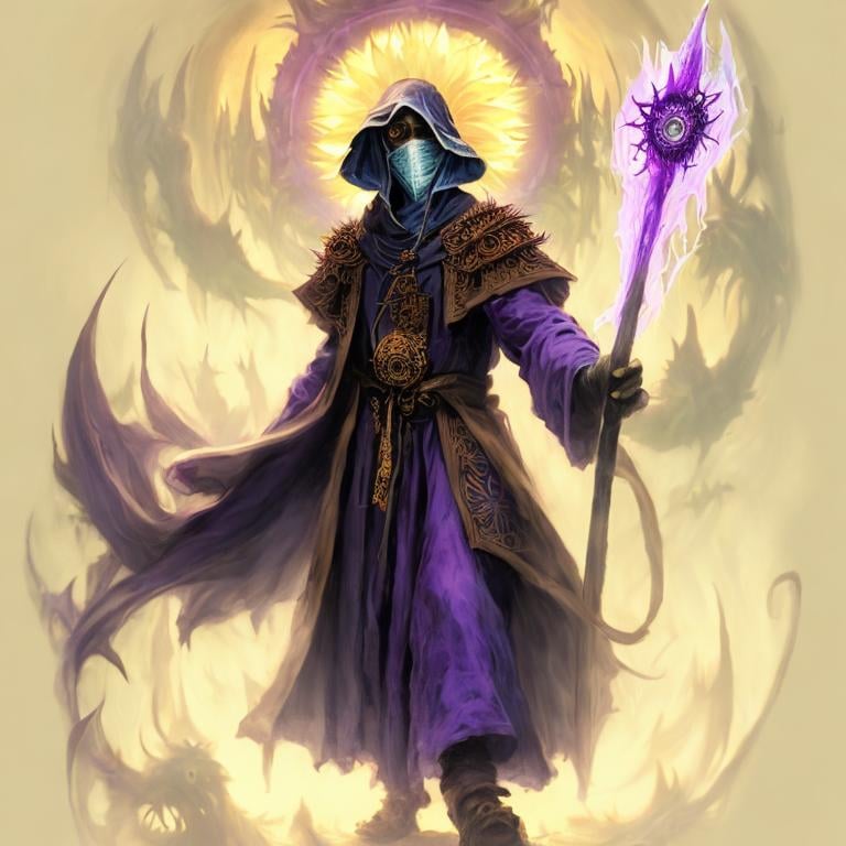 Prompt: A plague sunflower doctor with a blue wizard robes as a d & d character, blue robe, magical, blue higlights, hip hop concept aesthetic, purple evil aura, concept sheet, painting by gaston bussiere, dramatic lighting, purple lighting, evil sunflowers, toxic, poison, doctor, magic sunflower scepter, sunflower face, purple aura, elegant