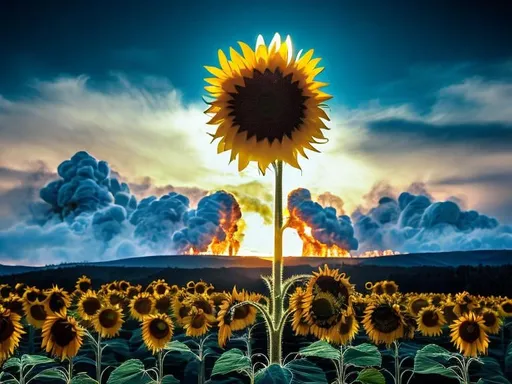 Prompt: massive sunflower explossion in the world, Atomic disaster, HD quality, golden smoke, catastrophe