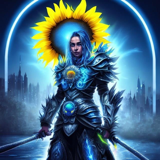 Prompt: Sunflower magic warrior, blue highlights, electric, blue neon thunder sunflower, silver and blue light, techno, detailed, silver blue armor, magic mist, the warrior is in a silver bridge in a blue city highlights with sunflowers in the river, blue air essence