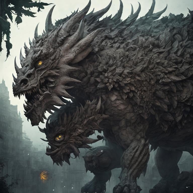 Prompt: White and gray stone beast, sunflowers, green face, fangs, open wings, 4K resolution, artstation, highly detailed, artgerm, by wlop, volumetric lighting, octane render, trending on artstation, masterpiece, fantastic, powerful, scary, intimidating, cinematic, dark fantasy, artstation, highly detailed, artgerm, by wlop, volumetric lighting, octane render, trending on artstation, masterpiece, fantastic, powerful, scary, intimidating, terrifying