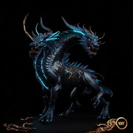 Prompt: black neon blue dragon storm beast with poison and golden details, red face, tough black skin, electric lighting black scales, elegant, pose, magical, big, 4K resolution, artstation, highly detailed, artgerm, by wlop, volumetric lighting, octane render, trending on artstation, masterpiece, fantastic, powerful, scary, intimidating, terrifying, imposing