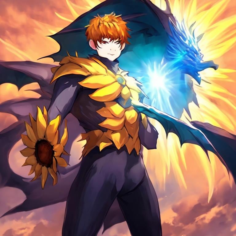 Prompt: sunflower man dragon tamer, imposing pose