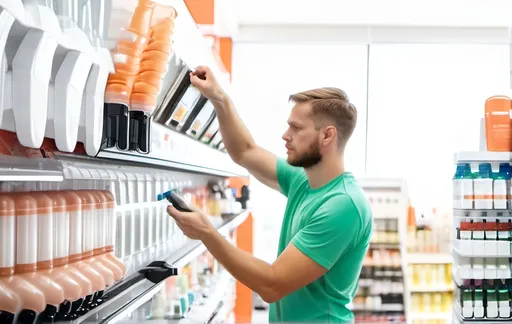 Prompt: white man in the food dispensers store. Instead of food is shampoo and beauty products