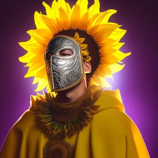 Prompt: Sunflower king, golden clothes, silver mask in the face, green lighting, purple highlights, yellow aura, concept, majestic, small sunflowers