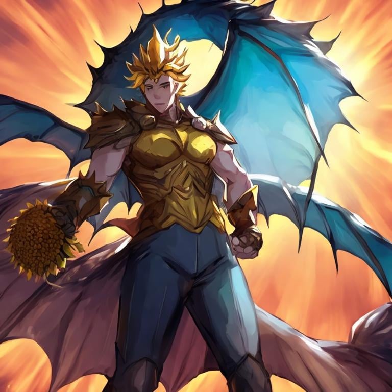 Prompt: sunflower man dragon tamer, imposing pose