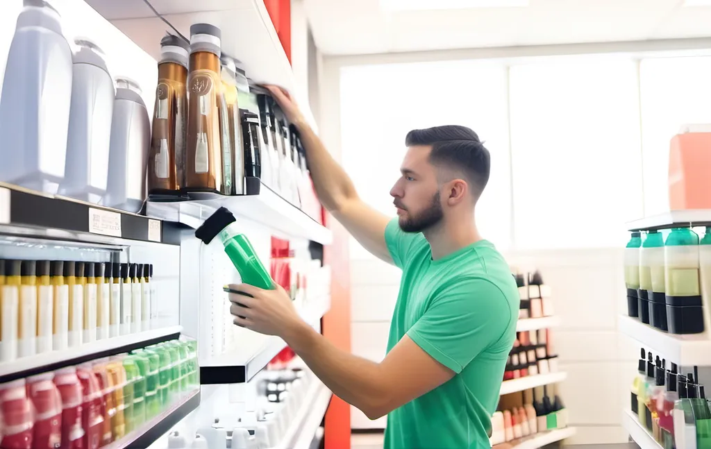 Prompt: white man in the food dispensers store. Instead of food is shampoo and beauty products