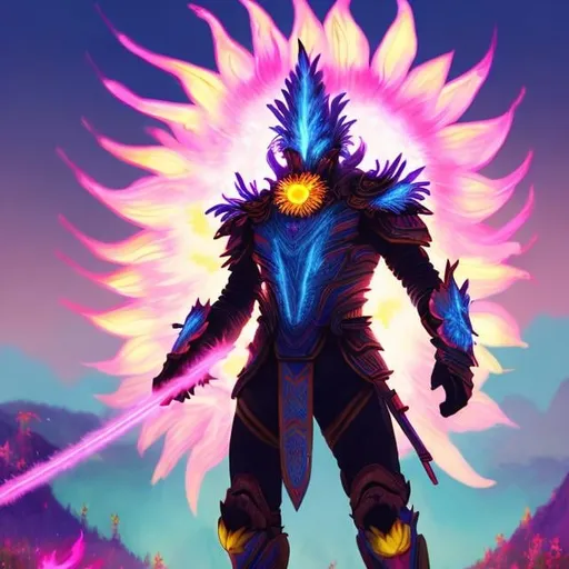 Prompt: Sunflower magic man warrior, blue highlights, mystic, pink neon thunder sunflower, pink fire light, detailed, metal pink armor, magic mist, the warrior is in a pink valley highlights with pink sunflowers in the valley, pink air essence, pink sunflower lantern, war, pink flamethrower sunflower 