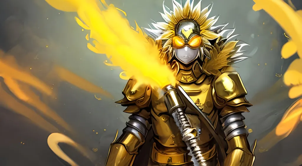 Prompt: Sunflower jailer, golden yellow clothes, yellow highlights, yellow lights, golden yellow robe, golden and silver belt, sunflowers with yellow aura, concept, silver and golden vest, detailed, yellow golden bazooka, blonde hair, machine gun, fire, war, smoke, golden armor, sunflower bullets, golden missiles