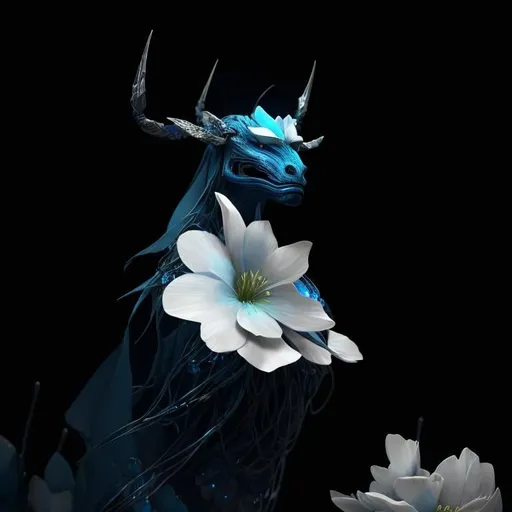 Prompt: blue elegant and peaceful beast with flower petals around his neck, green antennas, rare, elegant, pose, magical, huge, 4K resolution, artstation, highly detailed, artgerm, by wlop, volumetric lighting, octane render, trending on artstation, masterpiece, fantastic, powerful, scary, intimidating, terrifying