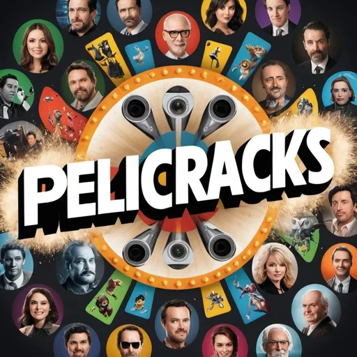 Prompt: A |vibrant and eye-catching promotional image for a page  called "Pelicracks." The central focus is the name "Pelicracks" written in bold, stylized letters, with a mix of movie reels and crackling sparks behind it. Surrounding the name are various pop culture icons, including characters from iconic movies and TV shows. These characters are arranged in a dynamic and energetic layout, each one with a unique and engaging expression. The overall tone of the image is playful and nostalgic, inviting followers to explore the world of Pelicracks and enjoy a mix of classic and modern entertainment. 