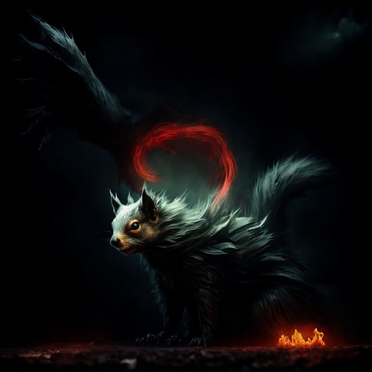 Prompt: dark nightmare beast, smoke body, strange, squirrel red and black ears, white mane in his neck, levitating in the air, scary green eyes, 4K resolution, artstation, highly detailed, artgerm, by wlop, volumetric lighting, octane render, trending on artstation, masterpiece, fantastic, powerful, scary, intimidating, cinematic, dark fantasy, artstation, highly detailed, artgerm, by wlop, volumetric lighting, octane render, trending on artstation, masterpiece, fantastic, powerful, scary, intimidating, terrifying