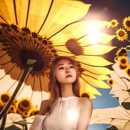 Prompt:  Sunflower lady, elegant, sunflower parasol, afternoon, non realistic