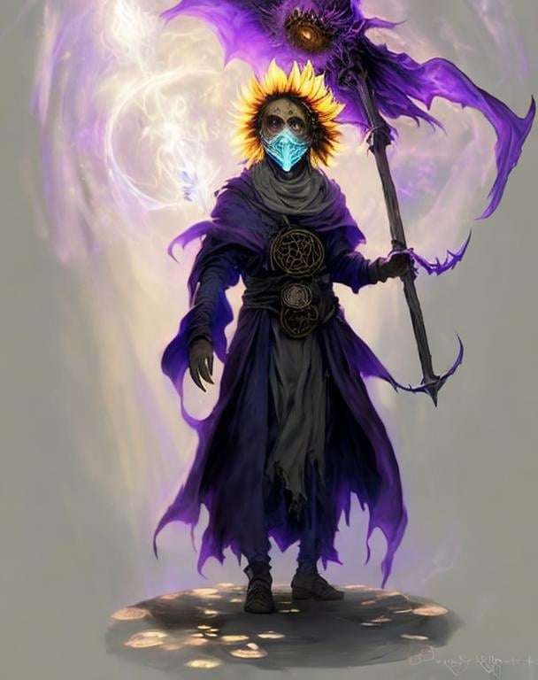 Prompt: A plague sunflower doctor with a blue wizard robes as a d & d character, blue robe, magical, blue higlights, hip hop concept aesthetic, purple evil aura, concept sheet, painting by gaston bussiere, dramatic lighting, purple lighting, evil sunflowers, toxic, poison, doctor, sunflower levitating scepter, sunflower face, purple aura, elegant, neo chemical, techno, elegant, sunflower face, arcane