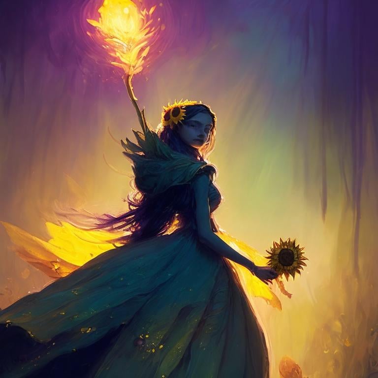 Prompt: Sunflower aristocrat lady with yellow dress as a d & d character, yellow robe, magical, pink, green dark forest higlights, magic concept aesthetic, purple and yellow mistery aura, concept sheet, painting by gaston bussiere, dramatic lighting, yellow lighting, little sunflower in her hand, interesting, yellow aura, legends, elegant, sunflower face, flamethrower in her back throwinf fire up, atmosphere like a forest fire