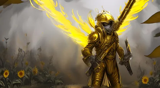 Prompt: Sunflower jailer, golden yellow clothes, yellow highlights, yellow lights, golden yellow robe, golden and silver belt, sunflowers with yellow aura, concept, silver and golden vest, detailed, yellow golden bazooka, blonde hair, machine gun, tank, crossbow, fire, war, smoke