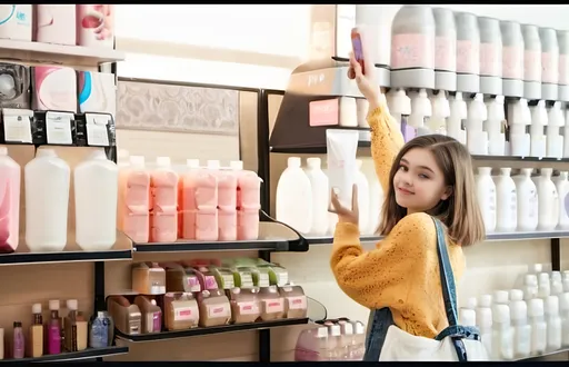 Prompt: girl in the food dispensers store. Instead of food is shampoo and beauty products