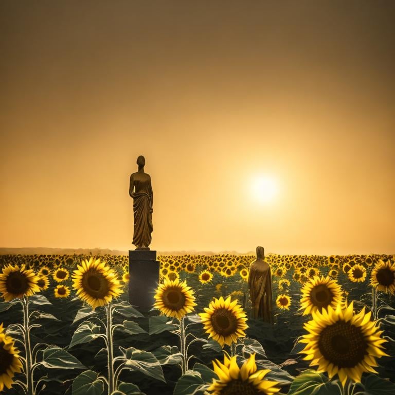 Prompt: Garden of golden statues in the middle of a sunflower field, Yellow and golden highlights, afternoon atmosphere, isolated, wildness, loneliness, mysterious, terrifying vibes