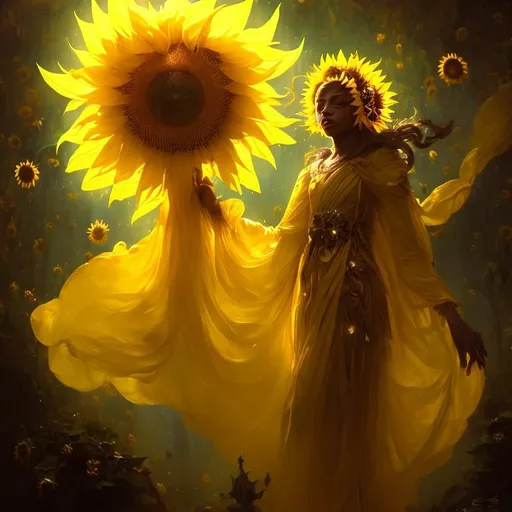 Prompt: Sunflower lady with a yellow robes as a d & d character, yellow robe, magical, golden higlights, magic concept aesthetic, golden mistery aura, concept sheet, painting by gaston bussiere, dramatic lighting, yellow lighting, little sunflowers, interesting, sunflower face, yellow aura, legends, elegant, sunflower face, arcane