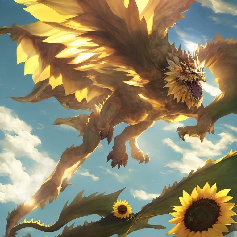 Prompt:  Sunflower dragon beast, flying