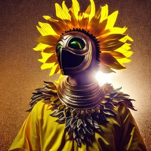 Prompt: Sunflower king, golden clothes, silver mask in the face, green lighting, purple highlights, yellow aura, concept, majestic, small sunflowers