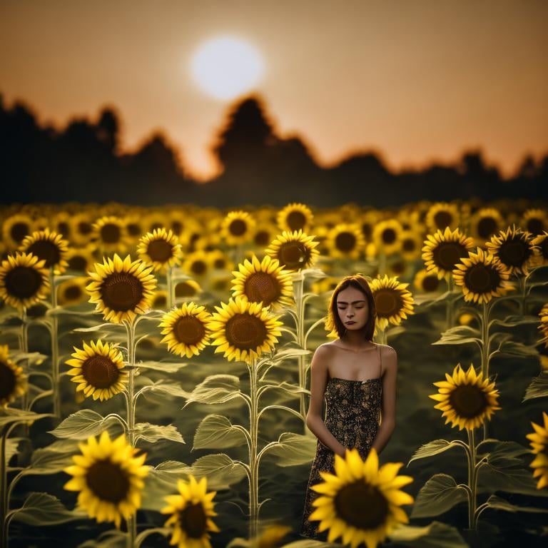 Prompt: Garden of golden statues in the middle of a sunflower field, Yellow and golden highlights, afternoon atmosphere, isolated, wildness, loneliness, mysterious, terrifying vibes