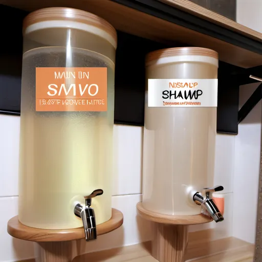 Prompt: shampoo dispensers, instead of food is shampoo and beauty products. HD. high quality