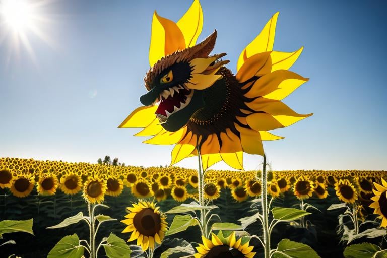 Prompt: Sunflower dragon flying over the sunflower forest