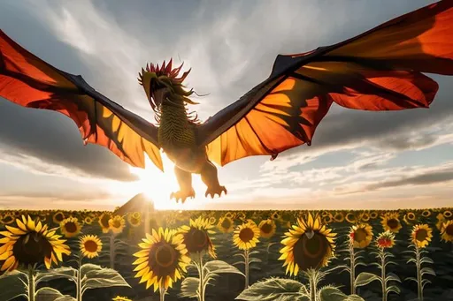 Prompt: red Sunflower dragon flying over the sunflower forest