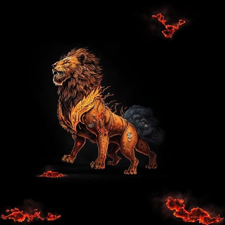 Prompt: fire brown beast with a fury lion face and big iron crystals like scales throughout his back, fur on fire with smoke in the air, red ruby in the chest of the beast, fire vibes, creature, little purple lines in his neck, style, wildness, imposing, violent creature, imposing pose, face beast, magical, big, 4K resolution, artstation, highly detailed, artgerm, by wlop, volumetric lighting, octane render, trending on artstation, masterpiece, fantastic, powerful, scary, intimidating, terrifying