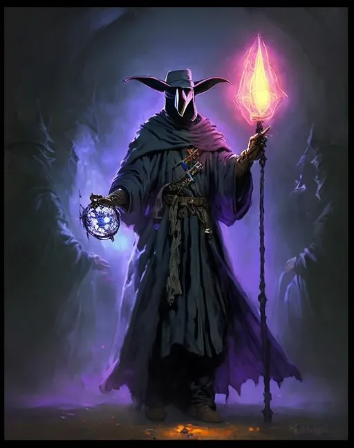 Prompt: A plague doctor with a blue wizard robes as a d & d character, blue robe, magical, blue higlights, hip hop concept aesthetic, purple evil aura, concept sheet, painting by gaston bussiere, dramatic lighting, purple lighting